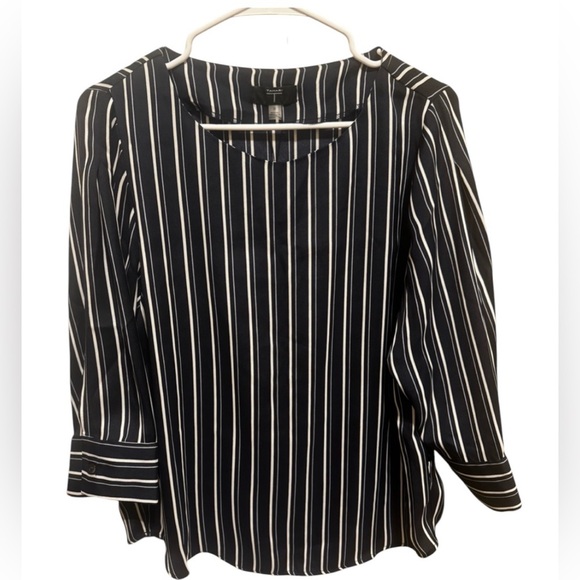 Tahari Black Ivory Grey Striped Blouse Shirt 3/4 Length Sleeves Crew Neck Sz M - Picture 1 of 13